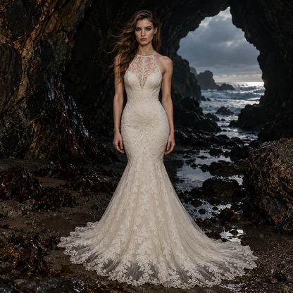 ivory lace mermaid wedding dress, lace applique mermaid bridal gown, illusion halter wedding dress, open back lace wedding dress, mermaid wedding dress with train, ivory bridal gown with lace train, floral lace mermaid wedding dress, illusion neckline bridal gown, fitted lace wedding dress, scalloped lace train wedding dress, halter neck bridal gown, romantic mermaid wedding dress, open illusion back wedding gown, lace fit and flare bridal gown