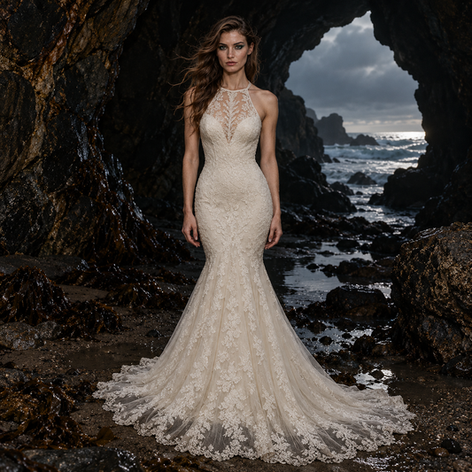 ivory lace mermaid wedding dress, lace applique mermaid bridal gown, illusion halter wedding dress, open back lace wedding dress, mermaid wedding dress with train, ivory bridal gown with lace train, floral lace mermaid wedding dress, illusion neckline bridal gown, fitted lace wedding dress, scalloped lace train wedding dress, halter neck bridal gown, romantic mermaid wedding dress, open illusion back wedding gown, lace fit and flare bridal gown