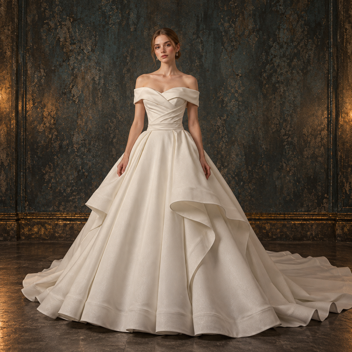 white off shoulder wedding dress, satin ball gown wedding dress, off shoulder satin bridal gown, white satin wedding gown, ruffle ball gown wedding dress, cascading ruffle wedding dress, corset back wedding dress, lace up bridal gown, wedding dress with train, full skirt satin wedding dress, princess ball gown wedding dress, romantic satin bridal gown, structured satin wedding dress, white bridal ball gown
