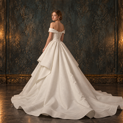 Women’s White Off-the-Shoulder Satin Ball Gown Wedding Dress | Ruffle Train