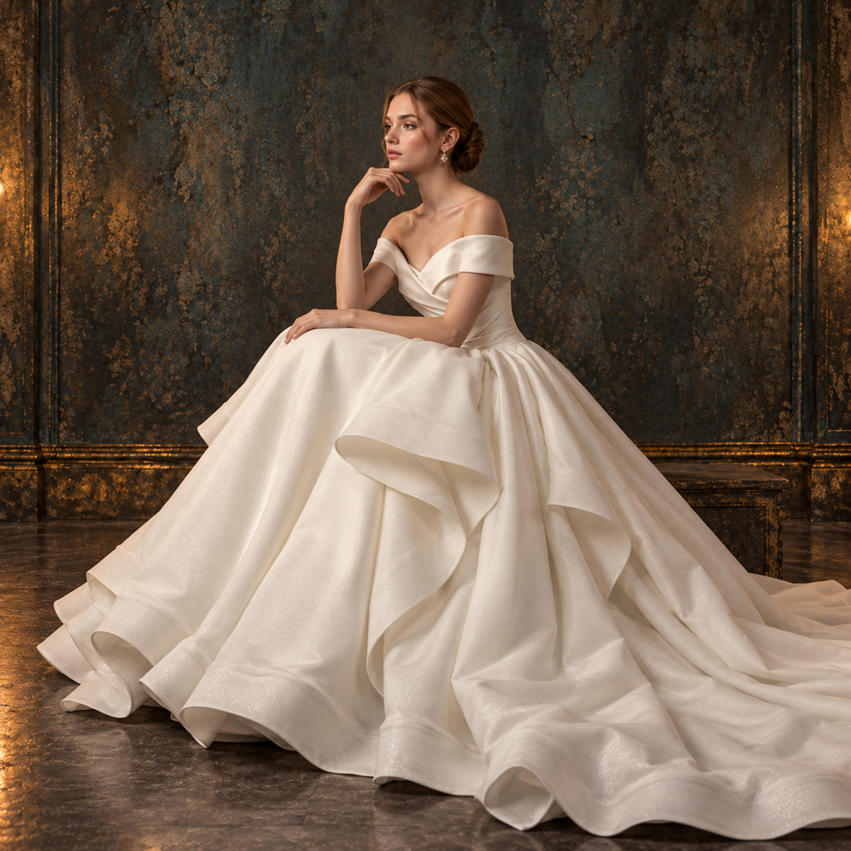 Women’s White Off-the-Shoulder Satin Ball Gown Wedding Dress | Ruffle Train