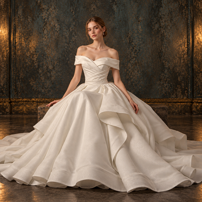 Women’s White Off-the-Shoulder Satin Ball Gown Wedding Dress | Ruffle Train