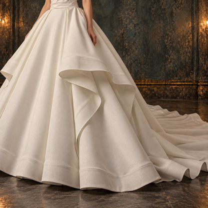 Women’s White Off-the-Shoulder Satin Ball Gown Wedding Dress | Ruffle Train