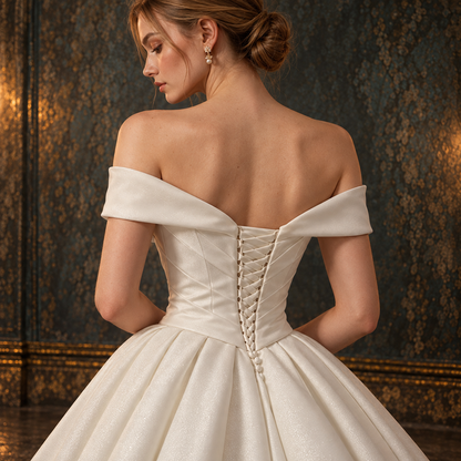 Women’s White Off-the-Shoulder Satin Ball Gown Wedding Dress | Ruffle Train