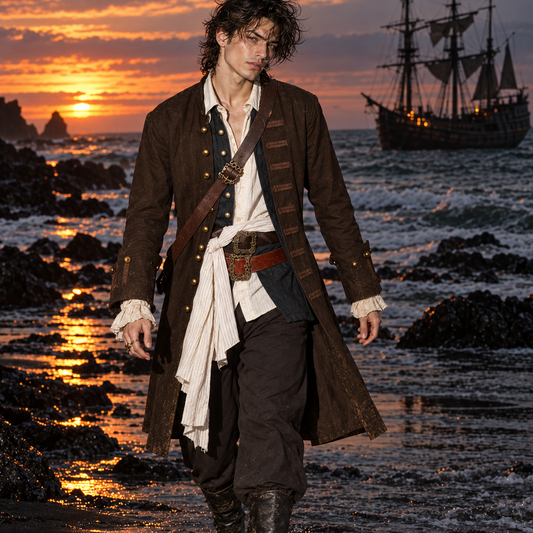A man dressed as a pirate walks along a rocky beach at sunset, wearing a long brown coat, white shirt, dark trousers, and tall black boots, with an ocean and a sailing ship in the background.