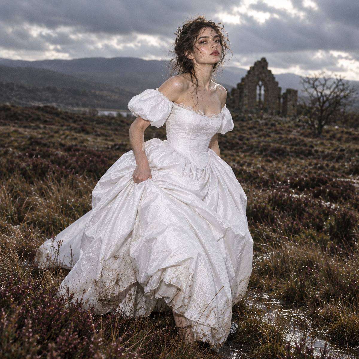Wuthering Heights wedding dress, Catherine Earnshaw wedding gown, Catherine Earnshaw bridal costume, Wuthering Heights white dress, Wuthering Heights 2026 costume, Catherine Earnshaw cosplay dress, Margot Robbie inspired wedding dress, gothic Victorian wedding dress, Victorian bridal ball gown, white gothic wedding gown, off shoulder wedding dress with veil, white puff sleeve bridal gown, pointed waist wedding dress, basque waist bridal gown, gothic romance wedding dress, historical wedding costume, Victori