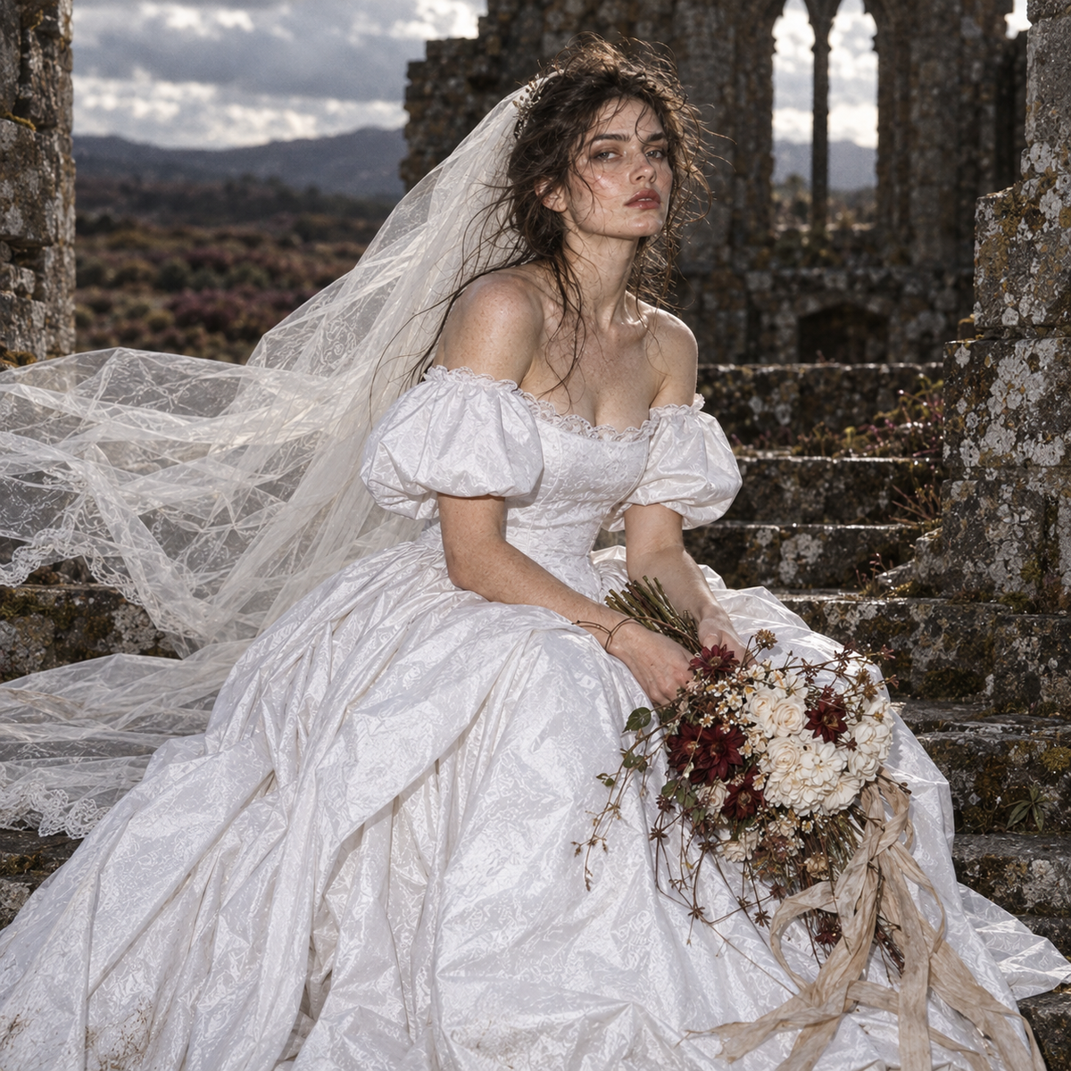 Wuthering Heights wedding dress, Catherine Earnshaw wedding gown, Catherine Earnshaw bridal costume, Wuthering Heights white dress, Wuthering Heights 2026 costume, Catherine Earnshaw cosplay dress, Margot Robbie inspired wedding dress, gothic Victorian wedding dress, Victorian bridal ball gown, white gothic wedding gown, off shoulder wedding dress with veil, white puff sleeve bridal gown, pointed waist wedding dress, basque waist bridal gown, gothic romance wedding dress, historical wedding costume, Victori