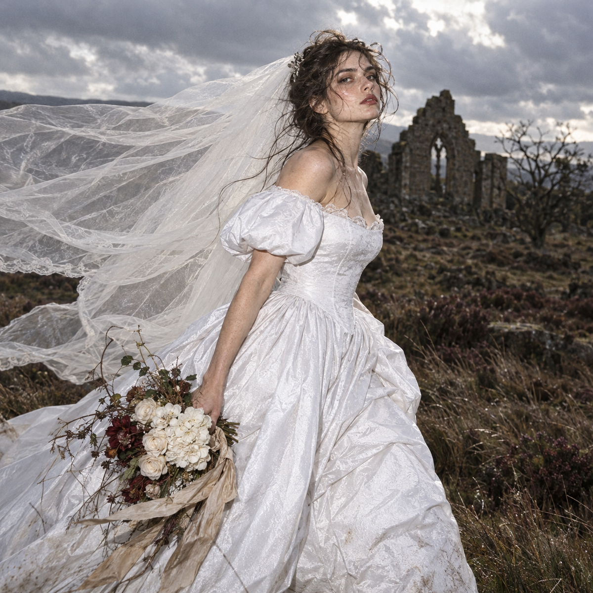 Wuthering Heights wedding dress, Catherine Earnshaw wedding gown, Catherine Earnshaw bridal costume, Wuthering Heights white dress, Wuthering Heights 2026 costume, Catherine Earnshaw cosplay dress, Margot Robbie inspired wedding dress, gothic Victorian wedding dress, Victorian bridal ball gown, white gothic wedding gown, off shoulder wedding dress with veil, white puff sleeve bridal gown, pointed waist wedding dress, basque waist bridal gown, gothic romance wedding dress, historical wedding costume, Victori