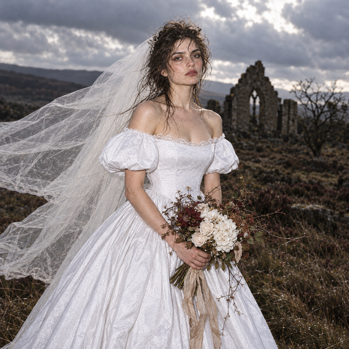 Wuthering Heights wedding dress, Catherine Earnshaw wedding gown, Catherine Earnshaw bridal costume, Wuthering Heights white dress, Wuthering Heights 2026 costume, Catherine Earnshaw cosplay dress, Margot Robbie inspired wedding dress, gothic Victorian wedding dress, Victorian bridal ball gown, white gothic wedding gown, off shoulder wedding dress with veil, white puff sleeve bridal gown, pointed waist wedding dress, basque waist bridal gown, gothic romance wedding dress, historical wedding costume, Victori
