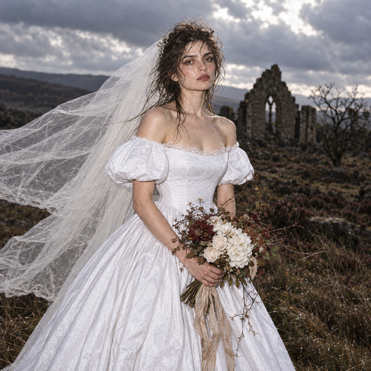 Wuthering Heights wedding dress, Catherine Earnshaw wedding gown, Catherine Earnshaw bridal costume, Wuthering Heights white dress, Wuthering Heights 2026 costume, Catherine Earnshaw cosplay dress, Margot Robbie inspired wedding dress, gothic Victorian wedding dress, Victorian bridal ball gown, white gothic wedding gown, off shoulder wedding dress with veil, white puff sleeve bridal gown, pointed waist wedding dress, basque waist bridal gown, gothic romance wedding dress, historical wedding costume, Victori