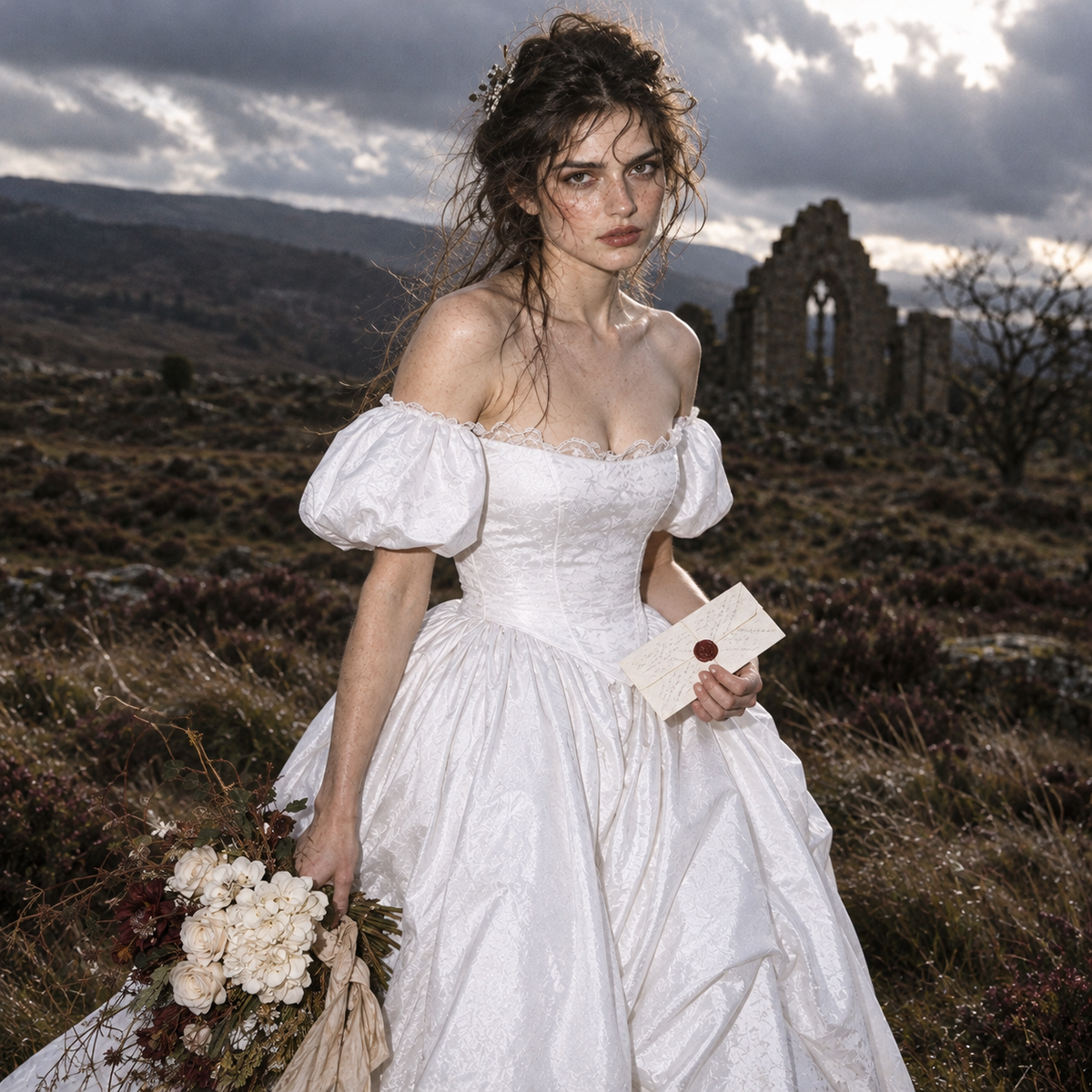 Wuthering Heights wedding dress, Catherine Earnshaw wedding gown, Catherine Earnshaw bridal costume, Wuthering Heights white dress, Wuthering Heights 2026 costume, Catherine Earnshaw cosplay dress, Margot Robbie inspired wedding dress, gothic Victorian wedding dress, Victorian bridal ball gown, white gothic wedding gown, off shoulder wedding dress with veil, white puff sleeve bridal gown, pointed waist wedding dress, basque waist bridal gown, gothic romance wedding dress, historical wedding costume, Victori