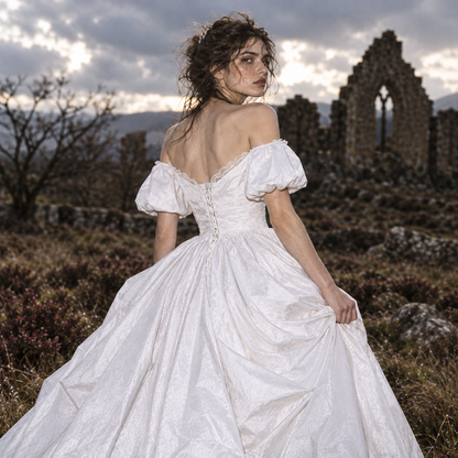 Wuthering Heights wedding dress, Catherine Earnshaw wedding gown, Catherine Earnshaw bridal costume, Wuthering Heights white dress, Wuthering Heights 2026 costume, Catherine Earnshaw cosplay dress, Margot Robbie inspired wedding dress, gothic Victorian wedding dress, Victorian bridal ball gown, white gothic wedding gown, off shoulder wedding dress with veil, white puff sleeve bridal gown, pointed waist wedding dress, basque waist bridal gown, gothic romance wedding dress, historical wedding costume, Victori