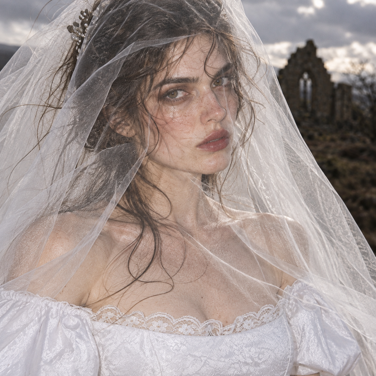 Wuthering Heights wedding dress, Catherine Earnshaw wedding gown, Catherine Earnshaw bridal costume, Wuthering Heights white dress, Wuthering Heights 2026 costume, Catherine Earnshaw cosplay dress, Margot Robbie inspired wedding dress, gothic Victorian wedding dress, Victorian bridal ball gown, white gothic wedding gown, off shoulder wedding dress with veil, white puff sleeve bridal gown, pointed waist wedding dress, basque waist bridal gown, gothic romance wedding dress, historical wedding costume, Victori