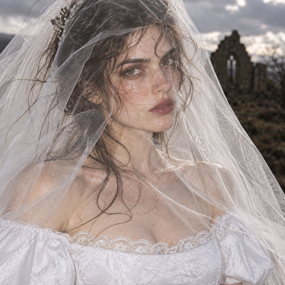 Wuthering Heights wedding dress, Catherine Earnshaw wedding gown, Catherine Earnshaw bridal costume, Wuthering Heights white dress, Wuthering Heights 2026 costume, Catherine Earnshaw cosplay dress, Margot Robbie inspired wedding dress, gothic Victorian wedding dress, Victorian bridal ball gown, white gothic wedding gown, off shoulder wedding dress with veil, white puff sleeve bridal gown, pointed waist wedding dress, basque waist bridal gown, gothic romance wedding dress, historical wedding costume, Victori