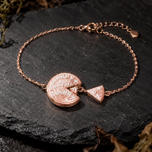 Harry Potter birthday bracelet, Happee Birthdae Harry, Hagrid birthday cake jewelry, Harry Potter bracelet, Hogwarts inspired jewelry, Hagrid cake bracelet, rose gold charm bracelet, Harry Potter birthday gift, wizarding world accessories, Philosopher's Stone jewelry, magical birthday jewelry, Harry Potter keepsake, pink cake charm, nostalgic movie jewelry, wizard birthday gift, Harry Potter gifts for women, 11th birthday cake charm, fantasy friendship bracelet