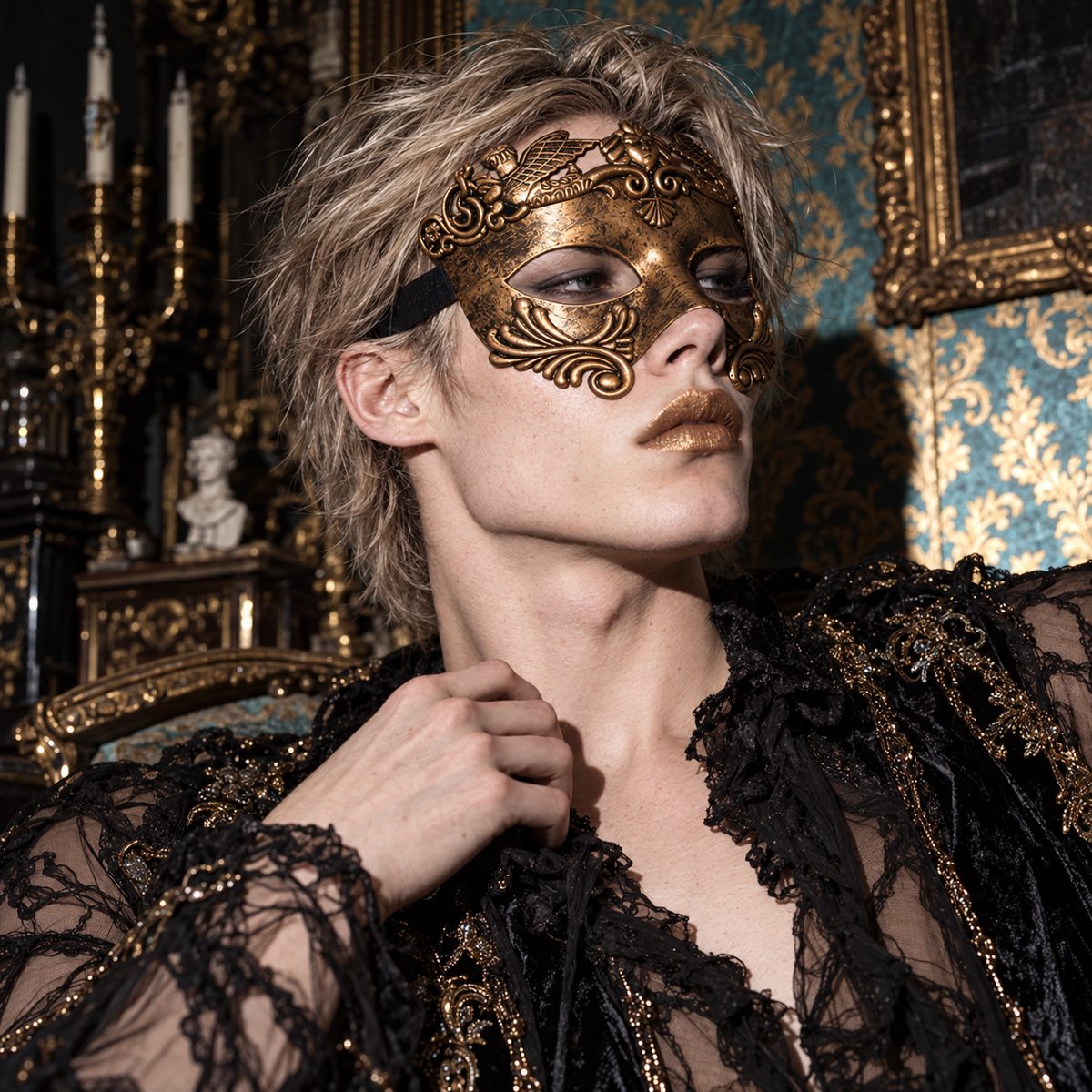 men's Venetian masquerade mask, antique copper mask, baroque masquerade mask, men's gothic mask, Venetian carnival mask, bronze eye mask, vintage masquerade mask, ornate half face mask, Renaissance masquerade, Victorian masquerade accessory, winged figure mask, Venetian ball mask, mysterious gentleman costume, gothic formal accessories, masked ball costume, Halloween mask men, theatrical face mask, antique gold masquerade mask