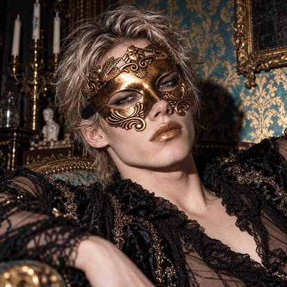 men's Venetian masquerade mask, antique copper mask, baroque masquerade mask, men's gothic mask, Venetian carnival mask, bronze eye mask, vintage masquerade mask, ornate half face mask, Renaissance masquerade, Victorian masquerade accessory, winged figure mask, Venetian ball mask, mysterious gentleman costume, gothic formal accessories, masked ball costume, Halloween mask men, theatrical face mask, antique gold masquerade mask