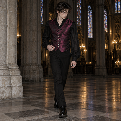 men's gothic waistcoat, Victorian waistcoat men, gothic brocade vest, jacquard waistcoat men, vampire waistcoat, burgundy gothic vest, black red brocade waistcoat, Victorian men's clothing, gothic aristocrat fashion, steampunk waistcoat, men's gothic formalwear, Regency inspired vest, vampire wedding outfit, gothic groom attire, lace up waistcoat, adjustable Victorian vest, floral jacquard clothing, dark romantic menswear, gothic masquerade clothing, Victorian gentleman vest, men's alternative formalwear