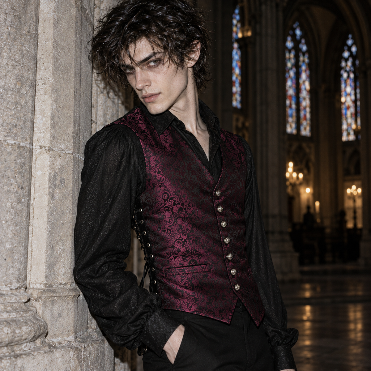 men's gothic waistcoat, Victorian waistcoat men, gothic brocade vest, jacquard waistcoat men, vampire waistcoat, burgundy gothic vest, black red brocade waistcoat, Victorian men's clothing, gothic aristocrat fashion, steampunk waistcoat, men's gothic formalwear, Regency inspired vest, vampire wedding outfit, gothic groom attire, lace up waistcoat, adjustable Victorian vest, floral jacquard clothing, dark romantic menswear, gothic masquerade clothing, Victorian gentleman vest, men's alternative formalwear