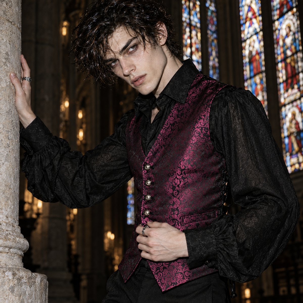 men's gothic waistcoat, Victorian waistcoat men, gothic brocade vest, jacquard waistcoat men, vampire waistcoat, burgundy gothic vest, black red brocade waistcoat, Victorian men's clothing, gothic aristocrat fashion, steampunk waistcoat, men's gothic formalwear, Regency inspired vest, vampire wedding outfit, gothic groom attire, lace up waistcoat, adjustable Victorian vest, floral jacquard clothing, dark romantic menswear, gothic masquerade clothing, Victorian gentleman vest, men's alternative formalwear