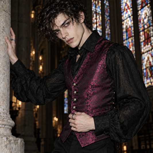 men's gothic waistcoat, Victorian waistcoat men, gothic brocade vest, jacquard waistcoat men, vampire waistcoat, burgundy gothic vest, black red brocade waistcoat, Victorian men's clothing, gothic aristocrat fashion, steampunk waistcoat, men's gothic formalwear, Regency inspired vest, vampire wedding outfit, gothic groom attire, lace up waistcoat, adjustable Victorian vest, floral jacquard clothing, dark romantic menswear, gothic masquerade clothing, Victorian gentleman vest, men's alternative formalwear