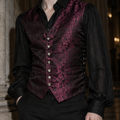 men's gothic waistcoat, Victorian waistcoat men, gothic brocade vest, jacquard waistcoat men, vampire waistcoat, burgundy gothic vest, black red brocade waistcoat, Victorian men's clothing, gothic aristocrat fashion, steampunk waistcoat, men's gothic formalwear, Regency inspired vest, vampire wedding outfit, gothic groom attire, lace up waistcoat, adjustable Victorian vest, floral jacquard clothing, dark romantic menswear, gothic masquerade clothing, Victorian gentleman vest, men's alternative formalwear