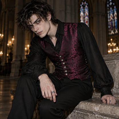 men's gothic waistcoat, Victorian waistcoat men, gothic brocade vest, jacquard waistcoat men, vampire waistcoat, burgundy gothic vest, black red brocade waistcoat, Victorian men's clothing, gothic aristocrat fashion, steampunk waistcoat, men's gothic formalwear, Regency inspired vest, vampire wedding outfit, gothic groom attire, lace up waistcoat, adjustable Victorian vest, floral jacquard clothing, dark romantic menswear, gothic masquerade clothing, Victorian gentleman vest, men's alternative formalwear