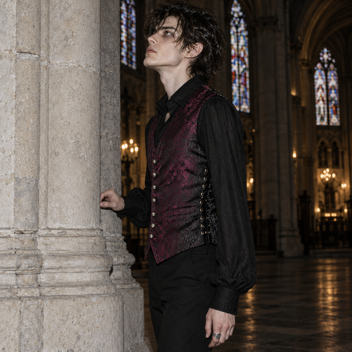 men's gothic waistcoat, Victorian waistcoat men, gothic brocade vest, jacquard waistcoat men, vampire waistcoat, burgundy gothic vest, black red brocade waistcoat, Victorian men's clothing, gothic aristocrat fashion, steampunk waistcoat, men's gothic formalwear, Regency inspired vest, vampire wedding outfit, gothic groom attire, lace up waistcoat, adjustable Victorian vest, floral jacquard clothing, dark romantic menswear, gothic masquerade clothing, Victorian gentleman vest, men's alternative formalwear