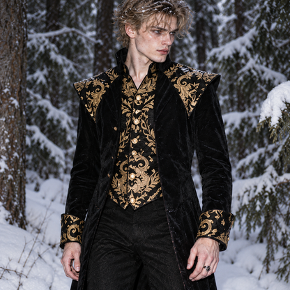 men’s Gothic Victorian tailcoat, men’s Gothic tailcoat, Victorian tailcoat men, Gothic Victorian coat, men’s steampunk tailcoat, steampunk coat men, Victorian coat men, Gothic coat men, men’s brocade tailcoat, gold brocade coat men, Gothic long coat men, Victorian frock coat, steampunk jacket men, Gothic jacket men, vampire coat men, aristocrat costume men, Victorian costume men, Gothic formal coat, Renaissance coat men, fantasy coat men, masquerade coat men, men’s Gothic clothing