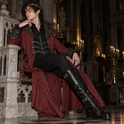 men’s vampire lord coat, Victorian Gothic overcoat men, burgundy damask long coat, black Gothic aristocrat jacket, vampire costume coat male, steampunk Victorian outerwear, Gothic masquerade coat men, dark fantasy long coat, Victorian villain costume men, jacquard vampire jacket, Gothic wedding coat men, Dracula style coat men, aristocratic cosplay jacket, medieval fantasy menswear, dramatic long coat men