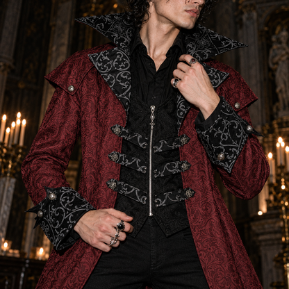 men’s vampire lord coat, Victorian Gothic overcoat men, burgundy damask long coat, black Gothic aristocrat jacket, vampire costume coat male, steampunk Victorian outerwear, Gothic masquerade coat men, dark fantasy long coat, Victorian villain costume men, jacquard vampire jacket, Gothic wedding coat men, Dracula style coat men, aristocratic cosplay jacket, medieval fantasy menswear, dramatic long coat men