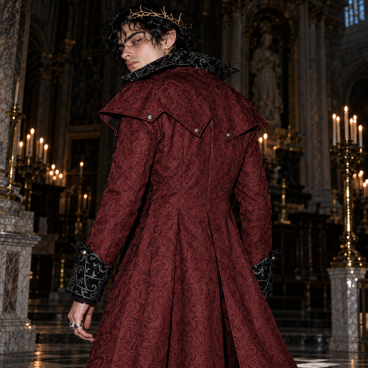 men’s vampire lord coat, Victorian Gothic overcoat men, burgundy damask long coat, black Gothic aristocrat jacket, vampire costume coat male, steampunk Victorian outerwear, Gothic masquerade coat men, dark fantasy long coat, Victorian villain costume men, jacquard vampire jacket, Gothic wedding coat men, Dracula style coat men, aristocratic cosplay jacket, medieval fantasy menswear, dramatic long coat men