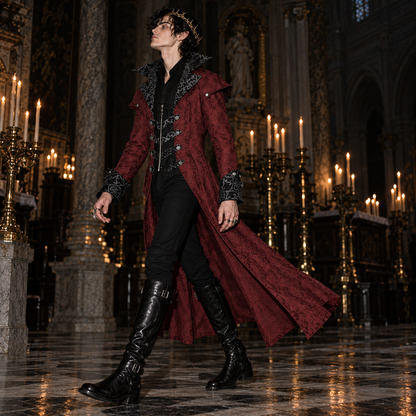 men’s vampire lord coat, Victorian Gothic overcoat men, burgundy damask long coat, black Gothic aristocrat jacket, vampire costume coat male, steampunk Victorian outerwear, Gothic masquerade coat men, dark fantasy long coat, Victorian villain costume men, jacquard vampire jacket, Gothic wedding coat men, Dracula style coat men, aristocratic cosplay jacket, medieval fantasy menswear, dramatic long coat men