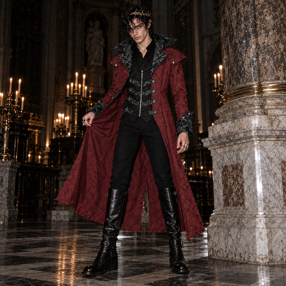 men’s vampire lord coat, Victorian Gothic overcoat men, burgundy damask long coat, black Gothic aristocrat jacket, vampire costume coat male, steampunk Victorian outerwear, Gothic masquerade coat men, dark fantasy long coat, Victorian villain costume men, jacquard vampire jacket, Gothic wedding coat men, Dracula style coat men, aristocratic cosplay jacket, medieval fantasy menswear, dramatic long coat men