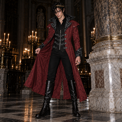 men’s vampire lord coat, Victorian Gothic overcoat men, burgundy damask long coat, black Gothic aristocrat jacket, vampire costume coat male, steampunk Victorian outerwear, Gothic masquerade coat men, dark fantasy long coat, Victorian villain costume men, jacquard vampire jacket, Gothic wedding coat men, Dracula style coat men, aristocratic cosplay jacket, medieval fantasy menswear, dramatic long coat men