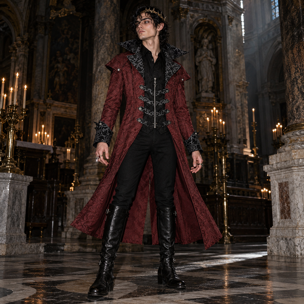 men’s vampire lord coat, Victorian Gothic overcoat men, burgundy damask long coat, black Gothic aristocrat jacket, vampire costume coat male, steampunk Victorian outerwear, Gothic masquerade coat men, dark fantasy long coat, Victorian villain costume men, jacquard vampire jacket, Gothic wedding coat men, Dracula style coat men, aristocratic cosplay jacket, medieval fantasy menswear, dramatic long coat men