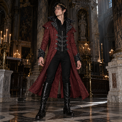 men’s vampire lord coat, Victorian Gothic overcoat men, burgundy damask long coat, black Gothic aristocrat jacket, vampire costume coat male, steampunk Victorian outerwear, Gothic masquerade coat men, dark fantasy long coat, Victorian villain costume men, jacquard vampire jacket, Gothic wedding coat men, Dracula style coat men, aristocratic cosplay jacket, medieval fantasy menswear, dramatic long coat men