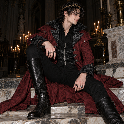 men’s vampire lord coat, Victorian Gothic overcoat men, burgundy damask long coat, black Gothic aristocrat jacket, vampire costume coat male, steampunk Victorian outerwear, Gothic masquerade coat men, dark fantasy long coat, Victorian villain costume men, jacquard vampire jacket, Gothic wedding coat men, Dracula style coat men, aristocratic cosplay jacket, medieval fantasy menswear, dramatic long coat men