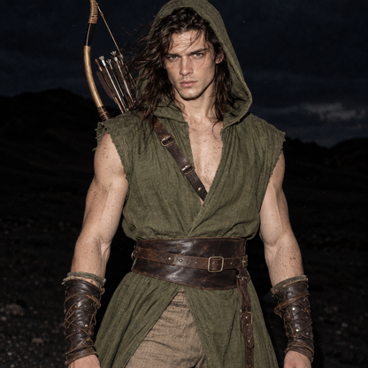 men’s medieval ranger tunic, hooded archer clothing men, Renaissance fair outfit male, medieval LARP costume men, fantasy ranger costume, olive green medieval tunic, burgundy medieval surcoat, black hooded medieval outfit, Viking style sleeveless tunic, medieval archery costume, hooded tabard for men, fantasy adventurer clothing, medieval festival outfit men, Renaissance archer clothing, men’s historical fantasy clothing