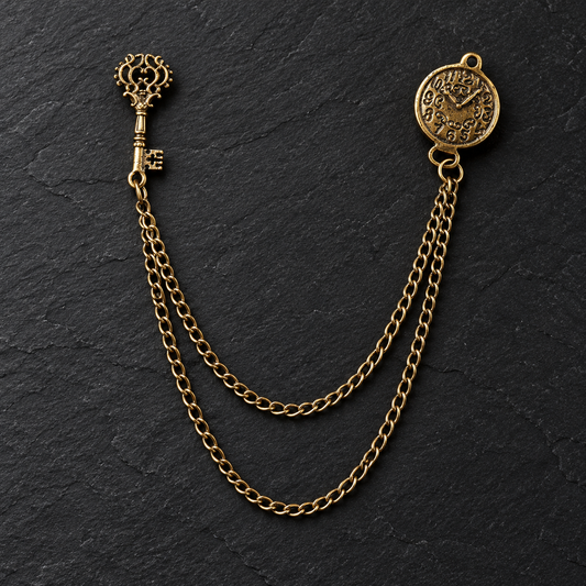 An antique-style gold-toned chain accessory featuring a decorative key on one end and an oval clock face charm on the other, displayed on a dark textured slate background.