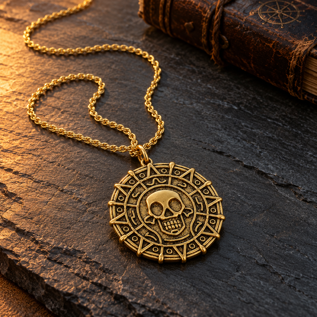 An antique-style gold pendant necklace featuring a skull motif within a geometric sunburst design, resting on a dark textured slate surface next to an old leather-bound book.