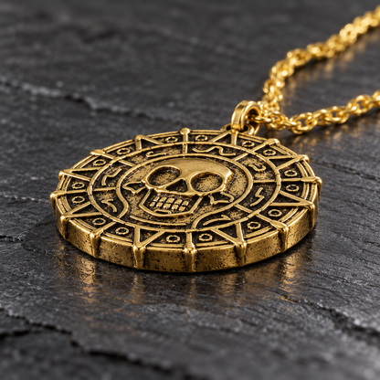 A gold-toned pendant necklace featuring an Aztec calendar face with a skull in the center, resting on a dark textured slate surface.