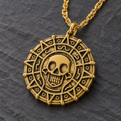 A gold-toned circular pendant necklace featuring a central skull motif and geometric border details, shown on a dark textured stone background.