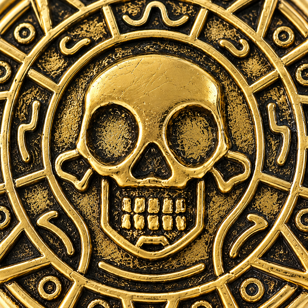 Close-up of a circular gold-toned medallion or plaque featuring a stylized skull at the center with engraved geometric and tribal-like details around the border.