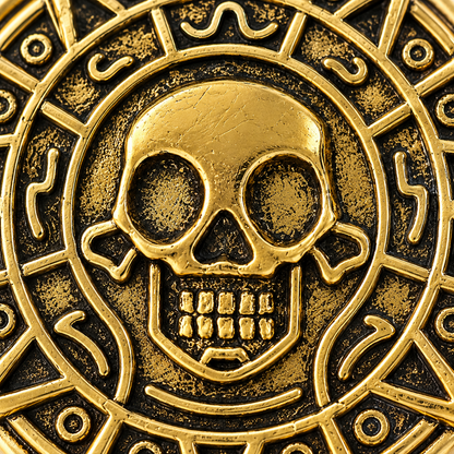 Close-up of a circular gold-toned medallion or plaque featuring a stylized skull at the center with engraved geometric and tribal-like details around the border.