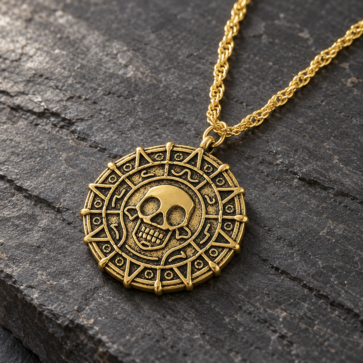 A gold-toned pendant necklace with an Aztec-style circular design featuring a central skull, displayed on a dark textured stone surface.