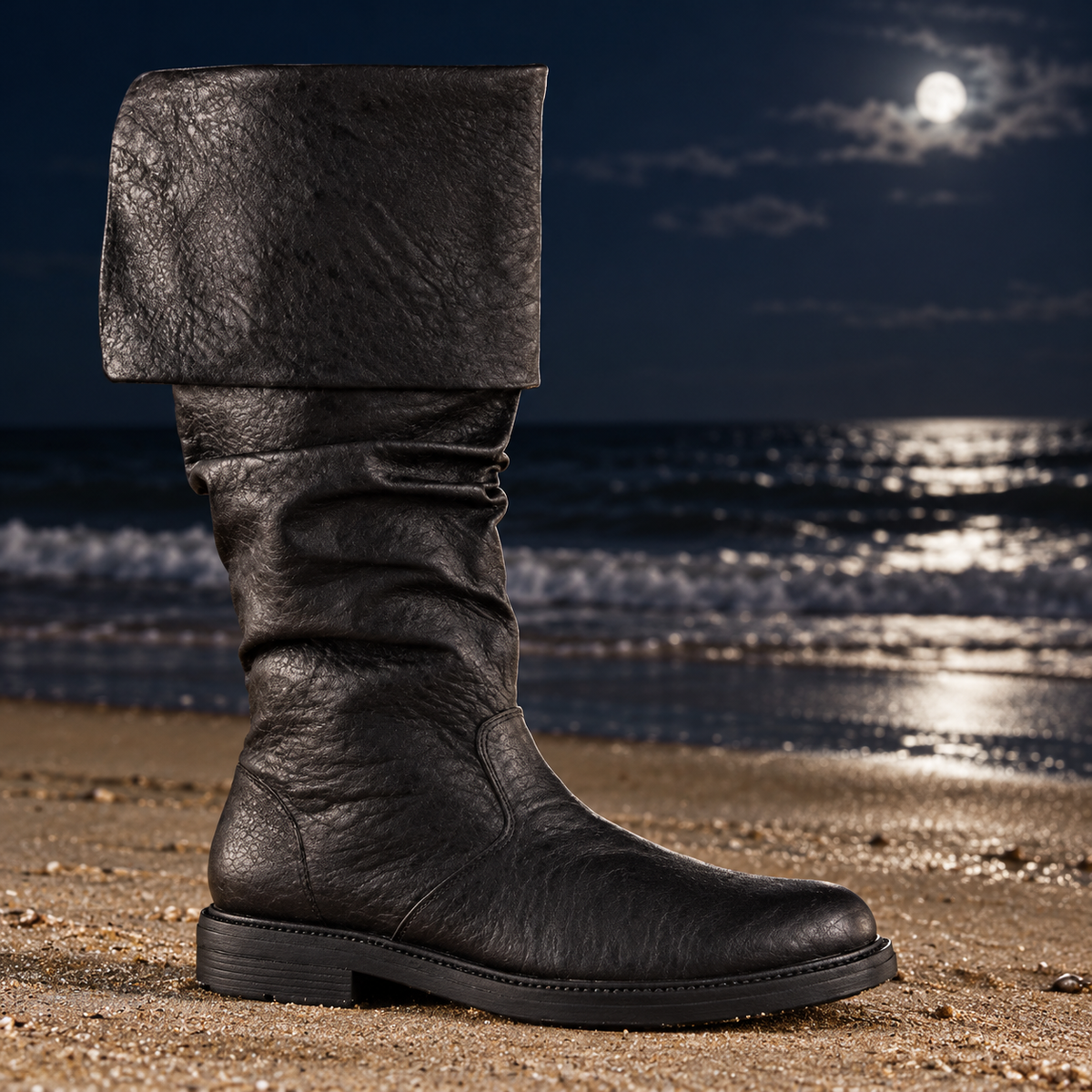 A single black leather knee-high boot with a wide folded cuff, standing on a sandy beach with the ocean and a full moon in the background.