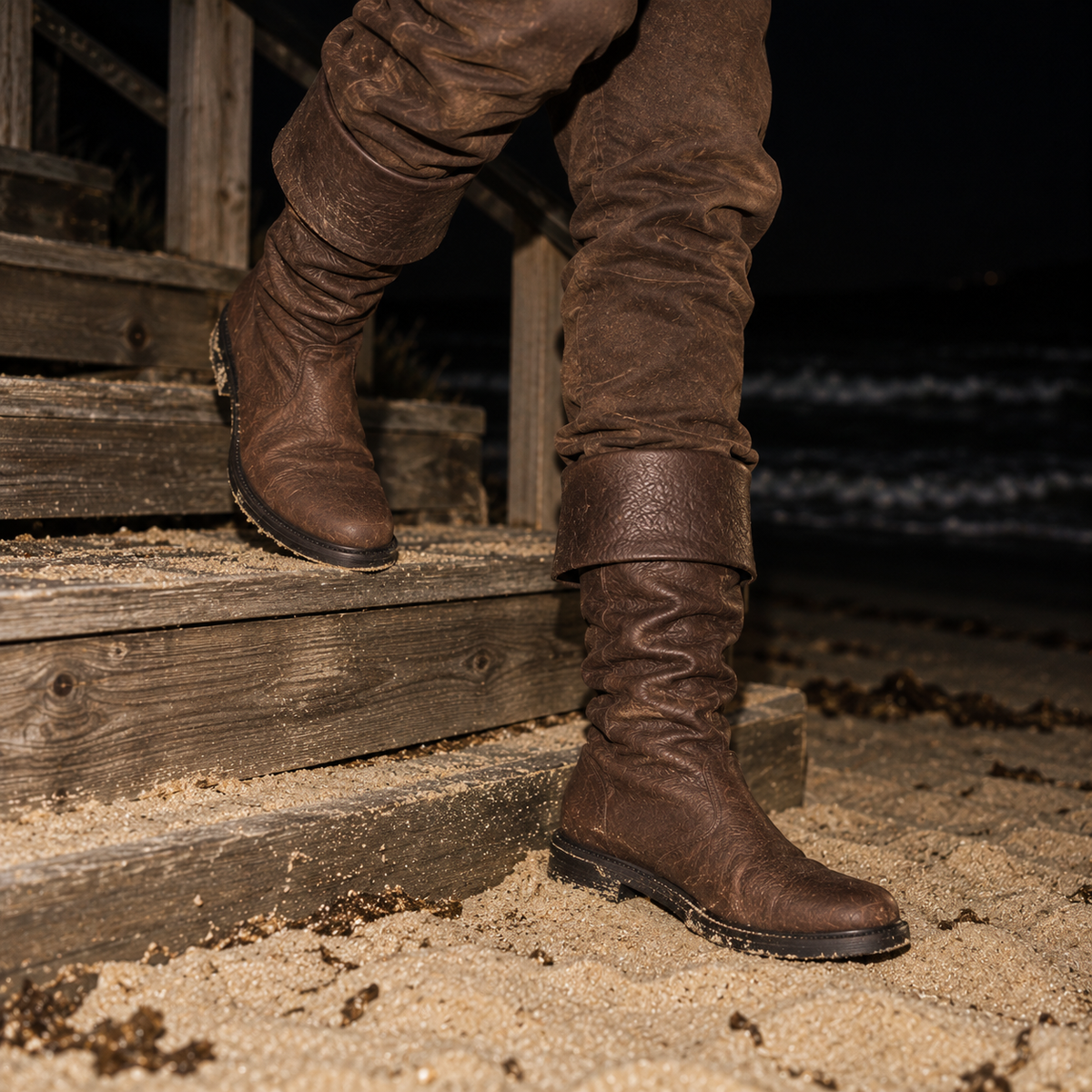 A person wearing tall brown leather boots and matching brown pants stands on wooden beach steps at night, with sand and dark water in the background.