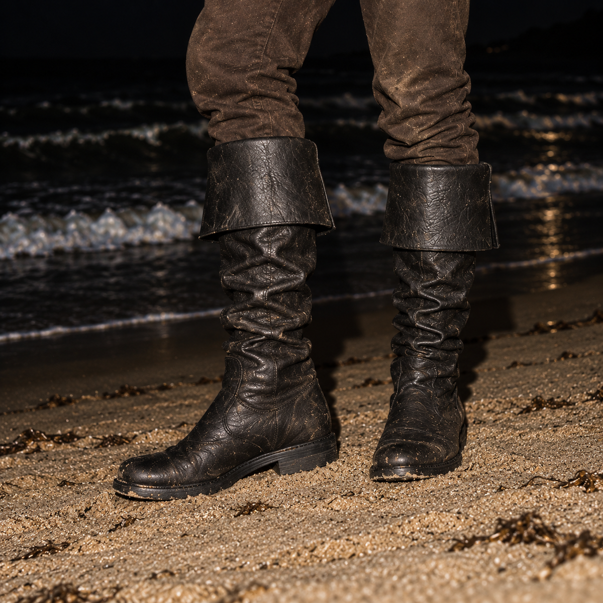 A person standing on a sandy beach at night wearing tall dark leather boots with wide folded cuffs and brown pants, with ocean waves in the background.