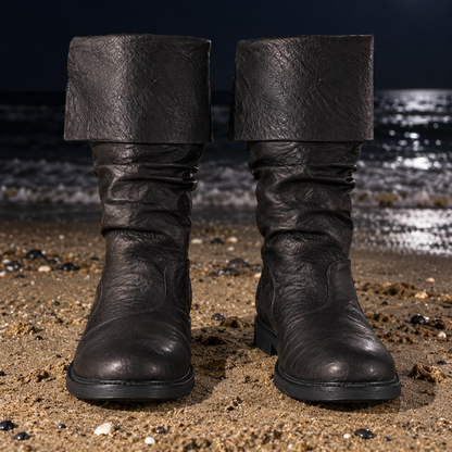 A pair of tall black leather boots with wide rolled cuffs, standing on wet sand near the water's edge at night.